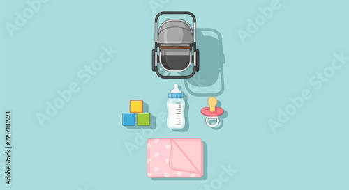 Baby essentials flat lay with stroller, bottle, pacifier, blanket, and blocks.