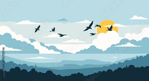 Birds flying in a serene sky at sunrise.