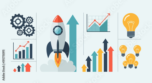 Business growth and startup success with rocket launch and data analysis.