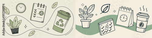 A minimalist vector graphic illustration of eco-friendly office supplies and plants