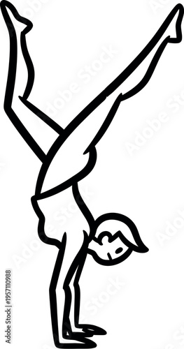 Black and white line drawing of a person doing a handstand