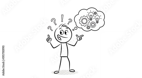 Confused Stickman with Question Marks and Thought Bubble on White Background