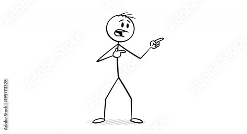 Distressed Stick Figure Man Pointing Finger Isolated on White Background