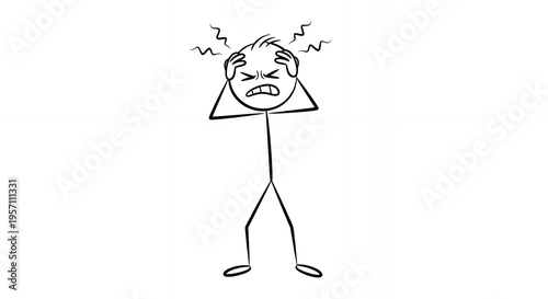 Distressed Stick Figure Holding Head Isolated on White Background