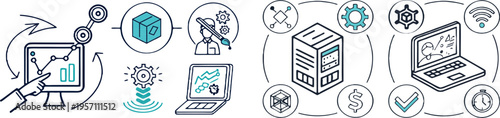 A vector graphic illustration of business and technology icons, including computers, laptops, and data analysis symbols.