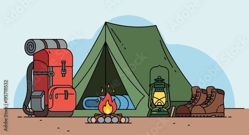 Camping adventure with tent, backpack, campfire, lantern, and hiking boots.