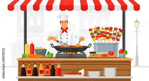 Chef cooking at a vibrant street food stall with a red and white striped awning.