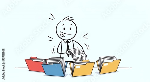 Excited Stickman Organizing Colorful Files on White Background