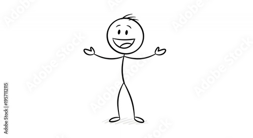 Excited Stickman with Open Arms on White Background