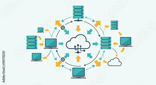Cloud computing network with data flow and connected devices.