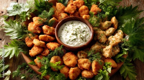 Crispy Chicken Nuggets Served with Fresh Herbs and Creamy Dipping Sauce on a Rustic Wooden Table