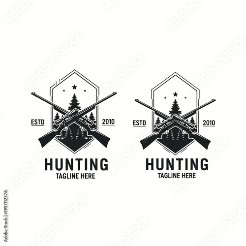 Vintage style hunting emblem with crossed firearms and forest silhouette vector design