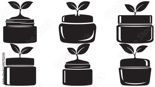 Eco-friendly Cosmetic Cream Jar with Natural Plant Leaf Sprout, Black Silhouette Icon, Symbolizing Organic Beauty and Sustainable Skincare Packaging.