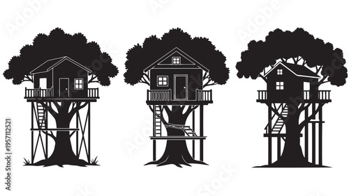 Unique black silhouette treehouses on large trees, showcasing varied architectural designs, ladders, and balconies, symbolizing childhood dreams and outdoor play.