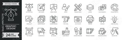 Graphic design outline icon set. Containing creative idea, creativity, product, software, package, typography, art tools, drawing table and more. Editable stroke icons pack. Vector illustration