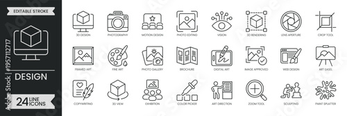 Design outline icon set. Containing creativity,  imagination, innovation, inspiration, creative, idea, gallery, brochure, copywriting and more. Editable stroke icons pack. Vector illustration