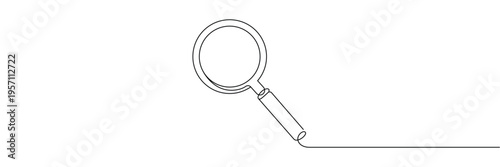 Magnifying glass continuous one line drawing for search discovery investigation research and analysis concept design. Editable stroke outline. Single contour art. Doodle hand drawn vector illustration