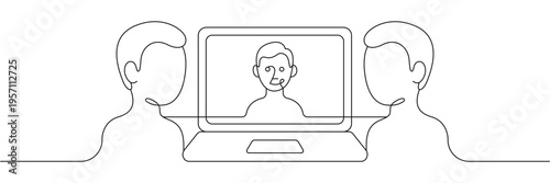 Continuous one line drawing of two people having video conference call on a laptop computer. Editable stroke outline. Draw thin linear width. Single contour art. Doodle hand drawn vector illustration