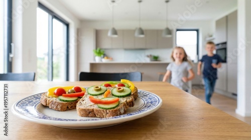 Funny sandwich with vegetable face decoration on plate. Happy girl and boy playing in background. Healthy lunch for child. Creative food art for breakfast in modern home kitchen.