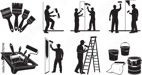 Silhouette of a man painting walls with various tools
