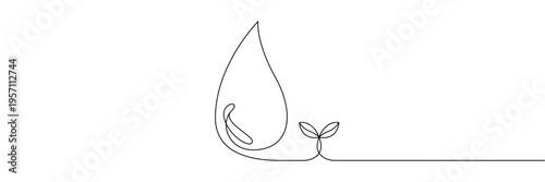 Continuous one line drawing of a water drop and small plant sprout for ecology concept. Editable stroke outline. Draw thin linear width. Single contour art. Doodle hand drawn vector illustration