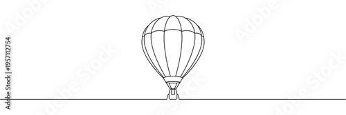 Continuous one line drawing of a hot air balloon flying high for travel and adventure concept. Editable stroke outline. Single contour art. Doodle hand drawn vector illustration