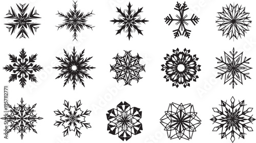 Collection of unique black snowflakes on white background illustration set