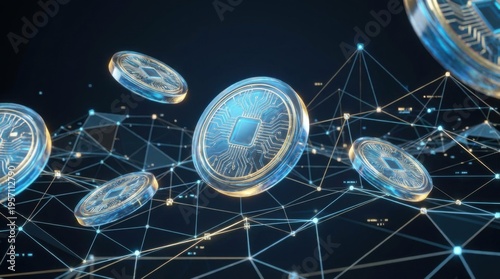 a modern cryptocurrency idea shown with virtual coins and connection icons