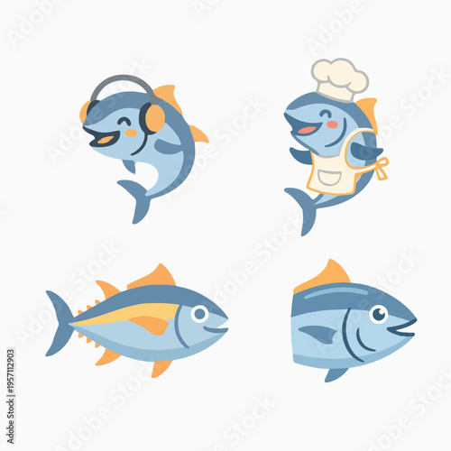 Cartoon Tuna Fish Characters and Illustrations Set
