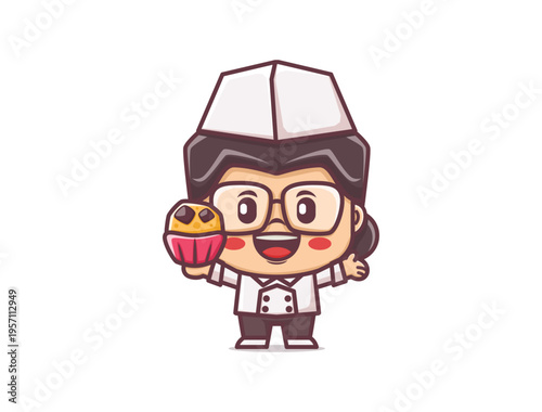 Cheerful female chef with cupcake mascot