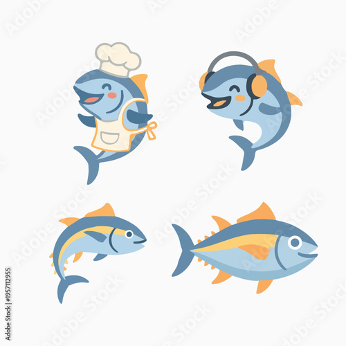 Cartoon Tuna Fish Characters and Illustrations Set