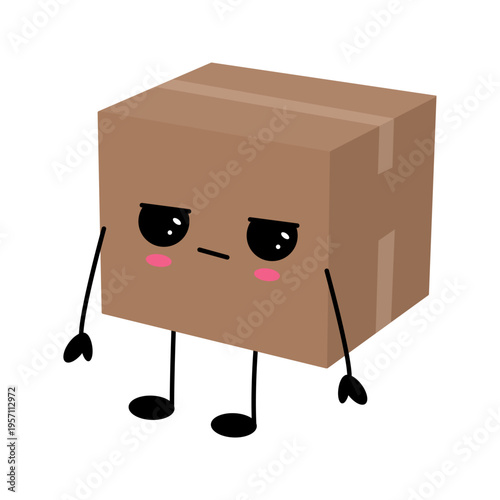 Cartoon box character with sad eyes and blush. Stands upright with arms and legs. Perfect for shipping, delivery, or package-themed designs. Cute, expressive face for playful or humorous contexts