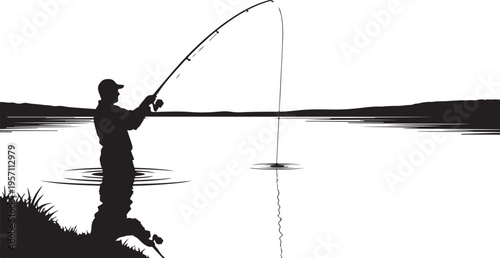 Silhouette of a man fishing in a serene lake scene
