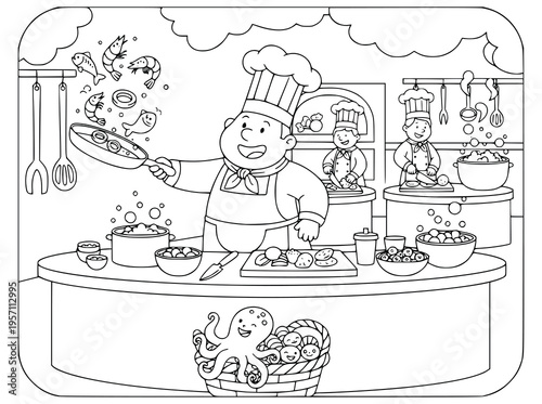 Chef team cooking in a professional restaurant kitchen coloring page for kids