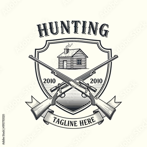 Classic hunting club emblem with crossed rifles, rustic log cabin, and vintage outdoor adventure design.