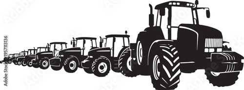 Row of tractors in a line illustration black and white