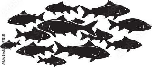 School of black fish swimming together in white space