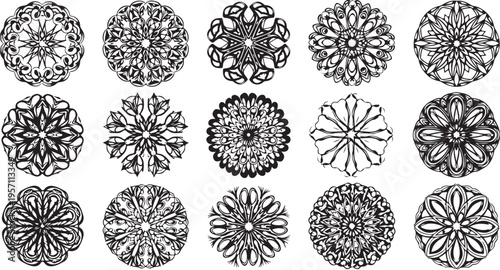 Collection of intricate black and white mandala designs and patterns