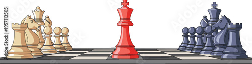 Chess strategy concept with opposing teams and central king, business competition and leadership idea flat vector illustration