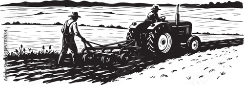 Farmer and tractor plowing a field in rural landscape scene