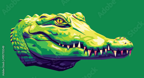 Stylized crocodile head illustration on green background