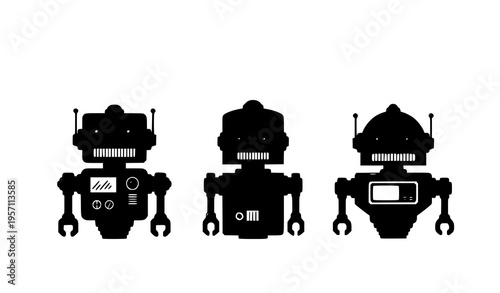 Set of vintage teal robots flat vector collection with orange eyes retro futuristic toy characters