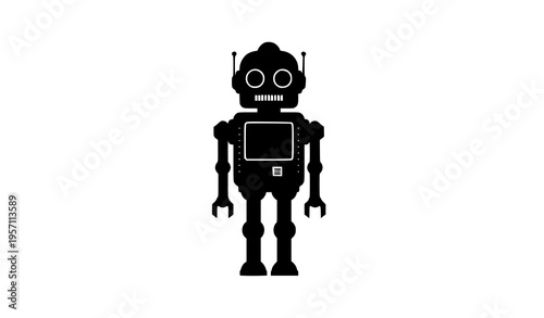 Vintage teal robot flat vector with orange eyes retro futuristic toy character minimalist tech illustration