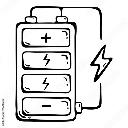 Home Battery Storage icon for green energy. Hand drawn doodle illustration of electric accumulator with charging levels for sustainable household power.