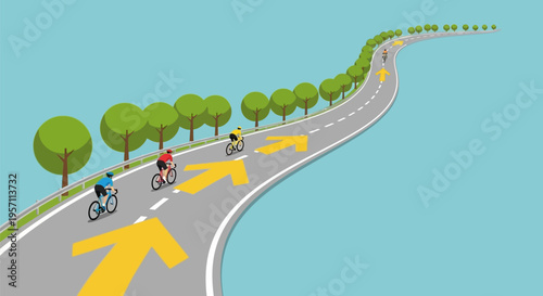 Cyclists on a winding road with yellow arrows indicating direction.