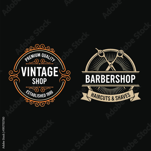 Classic barbershop and vintage shop emblems, perfect vector illustrations for retro business branding and labels.