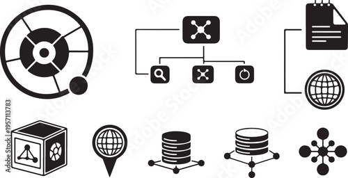 Black and white icons for data storage and management