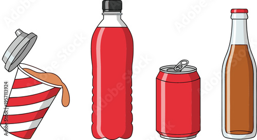 Beverage Bottles and Cans Set with Soda, Juice, and Soft Drink Containers Illustration