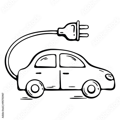 Electric car icon for green energy. Hand drawn doodle illustration of eco vehicle with charging plug for sustainable transport and clean environment.