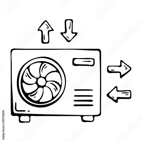 Heat pump reuse icon for green energy. Hand drawn doodle illustration of external climate unit with directional arrows for sustainable temperature regulation in modern house.